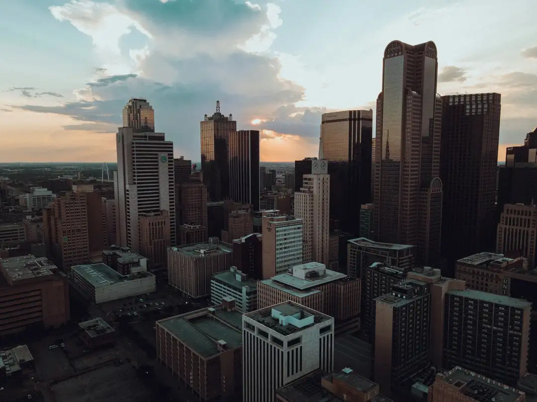 The Dallas skyline seen from above in low evening light