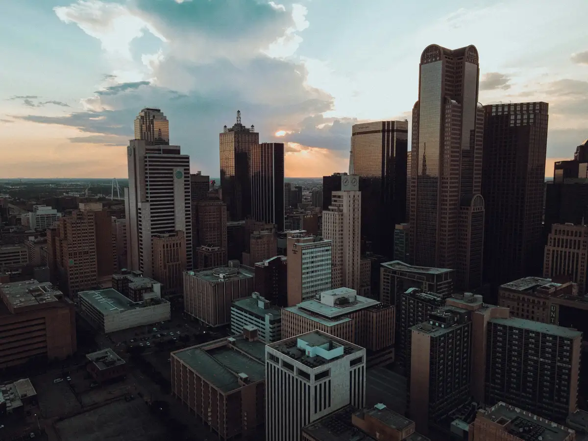 The Dallas skyline seen from above in low evening light