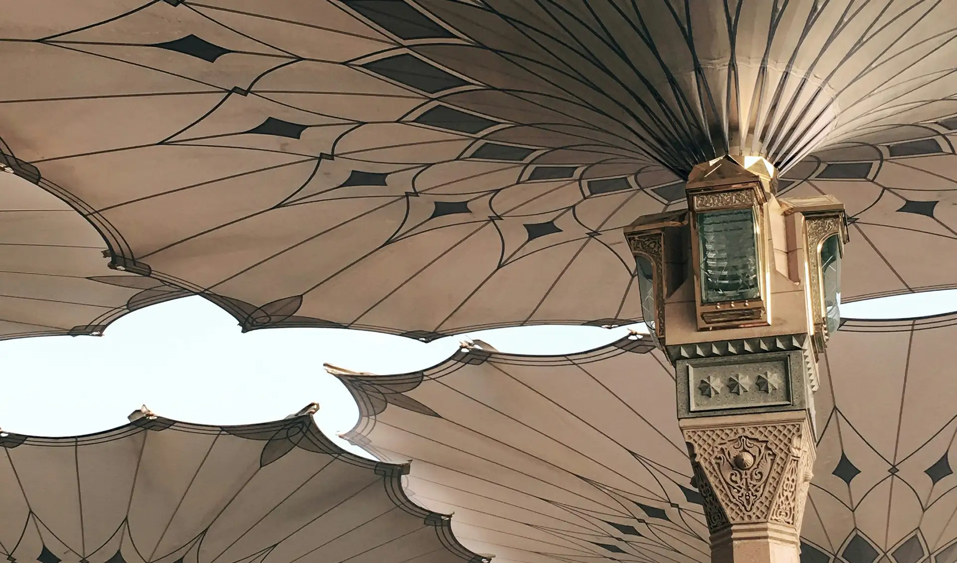 Pilgrims beneath the umbrellas of the Prophet’s Mosque