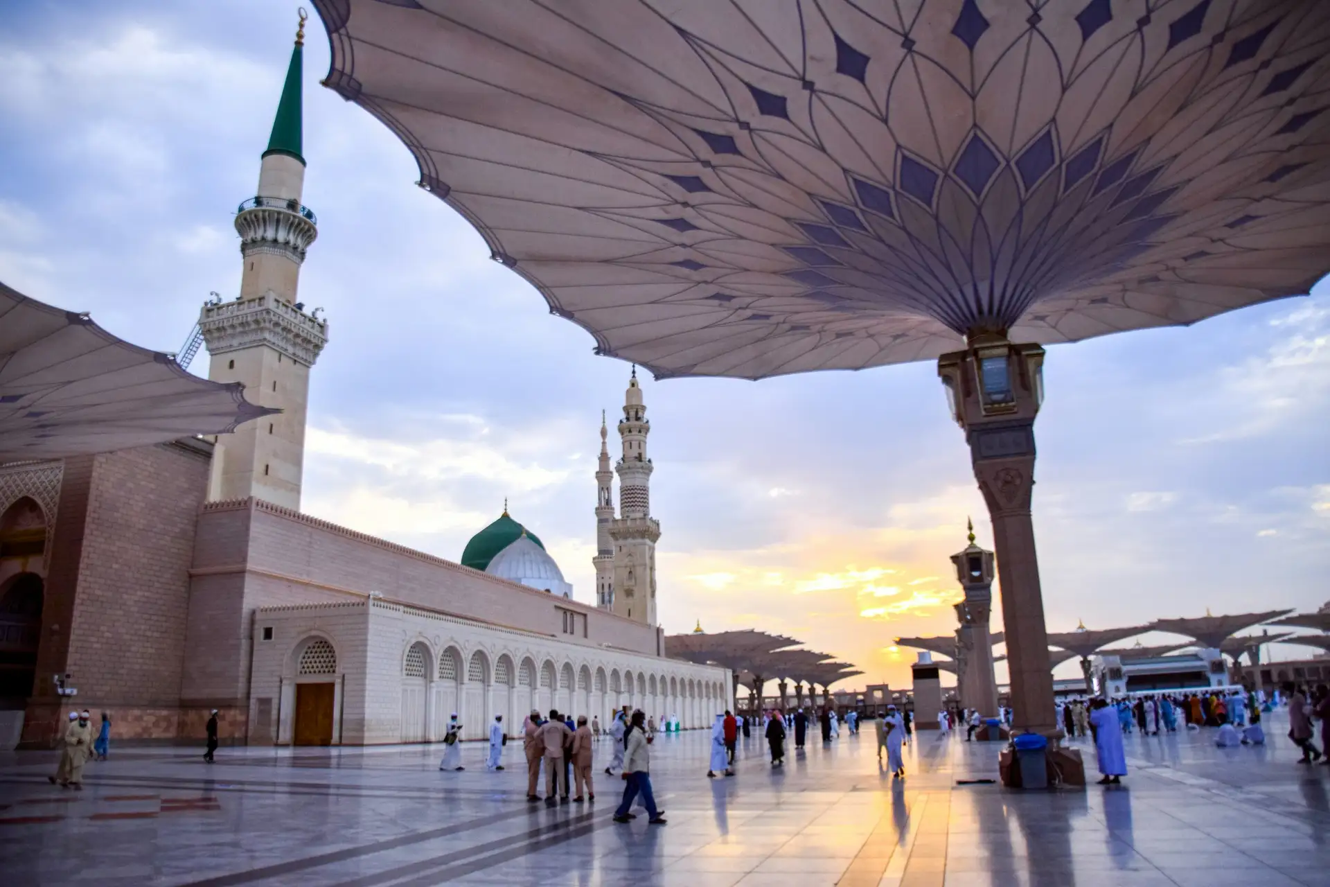 The shade umbrellas of the Prophet’s Mosque at sunset