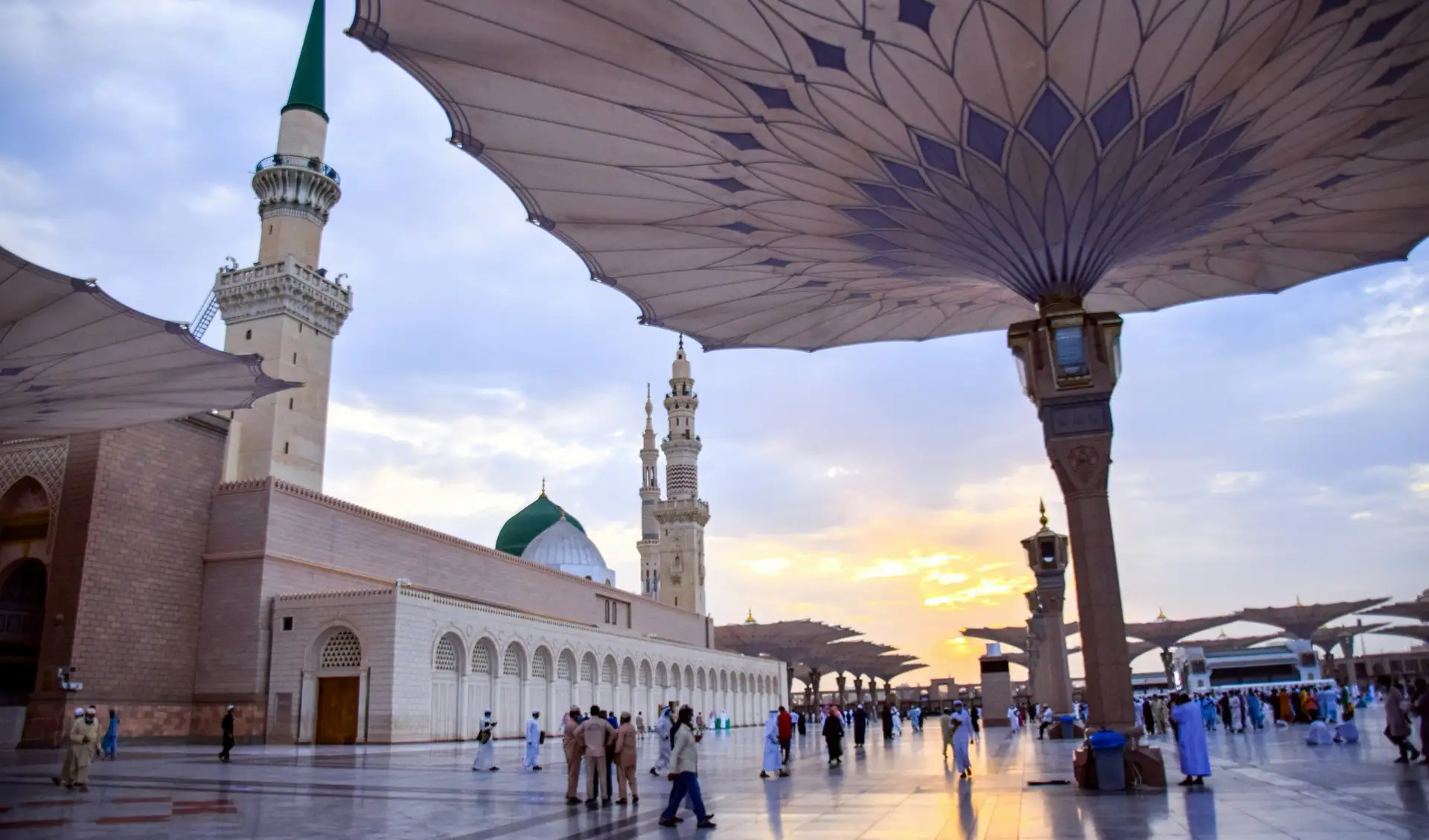The shade umbrellas of the Prophet’s Mosque at sunset
